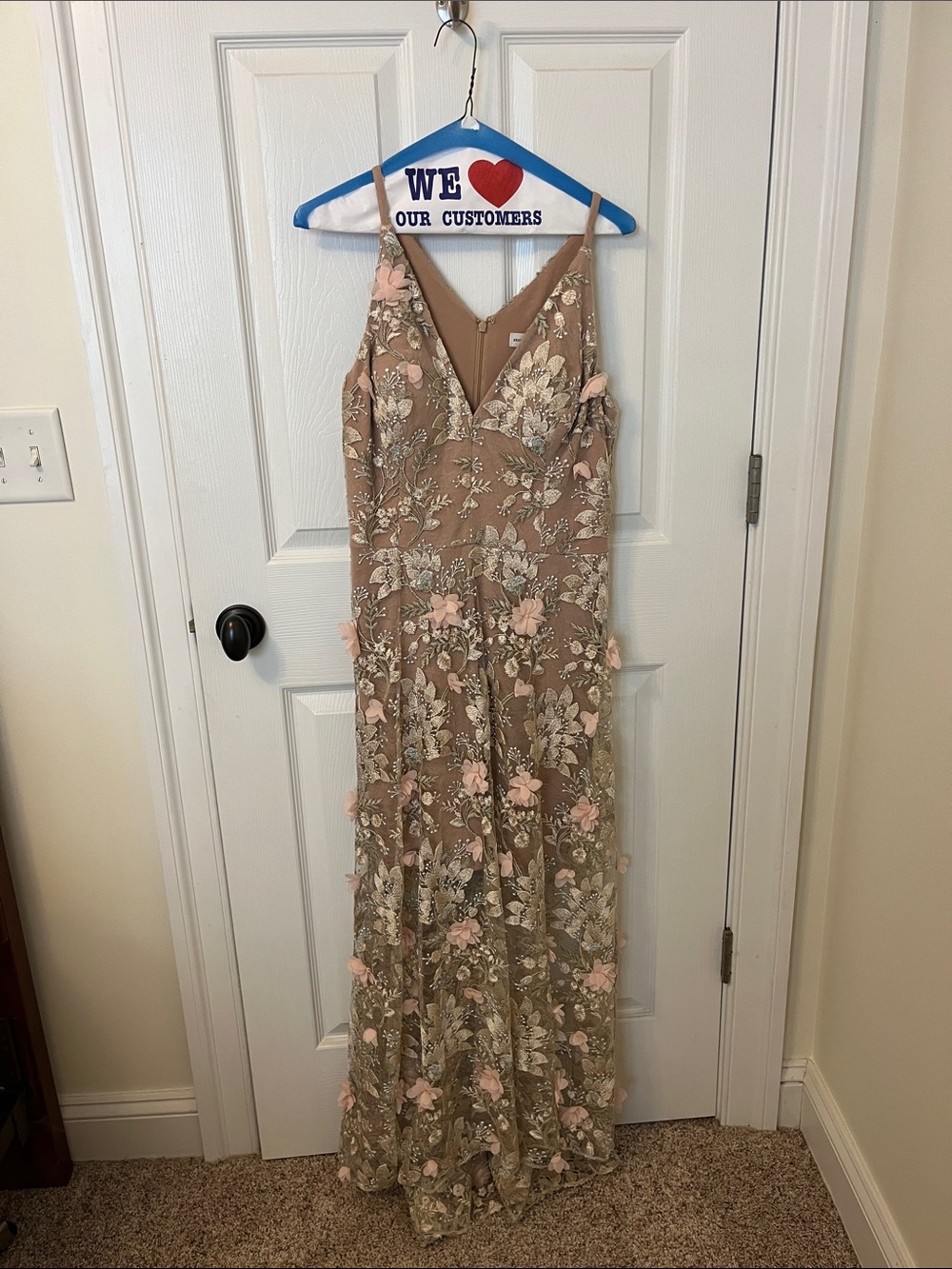Dress the Population Taupe Maxi with Pink Floral Appliqué